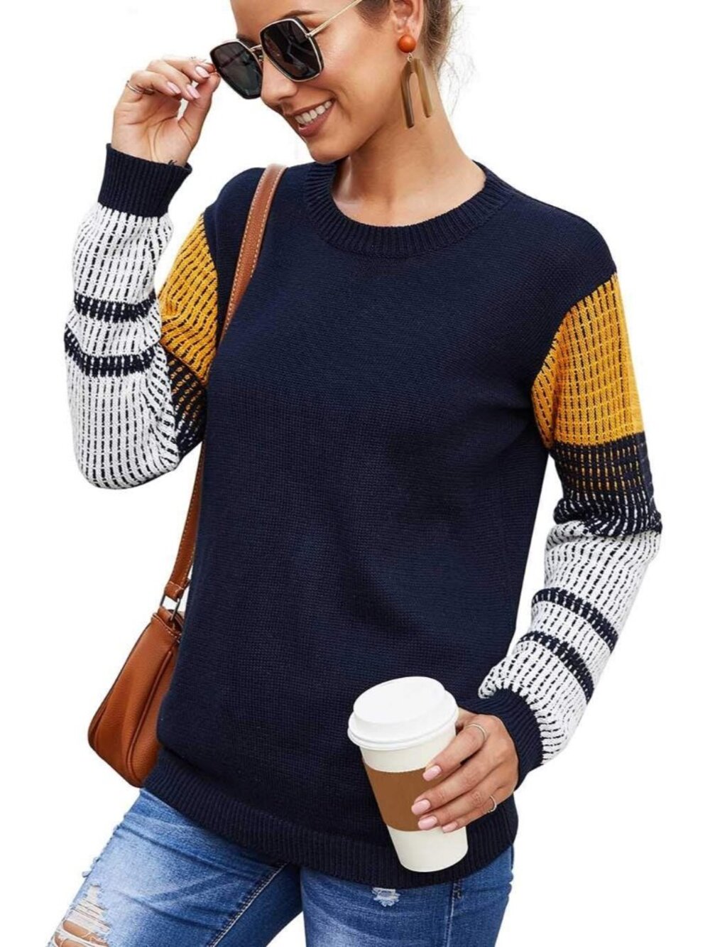 Women's Navy Cute Contrast Sleeve Knitted Pullover Crewneck Winter Sweater